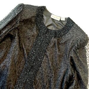 Vintage Laurence Kazar Dress Jacket Womens Petite XL Black 100% Silk Beaded 90s